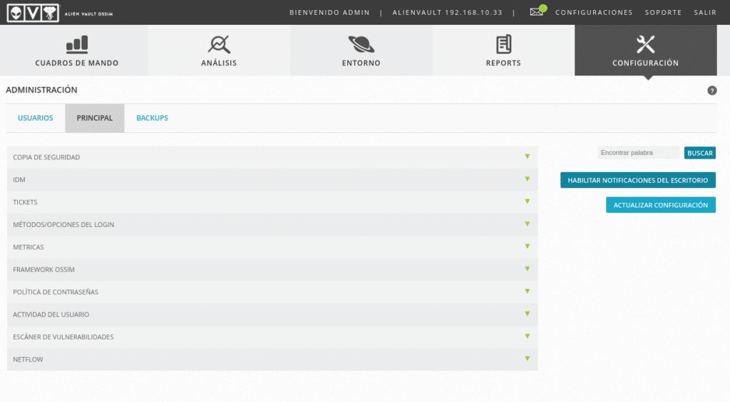 alien vault ossim menu configuracion