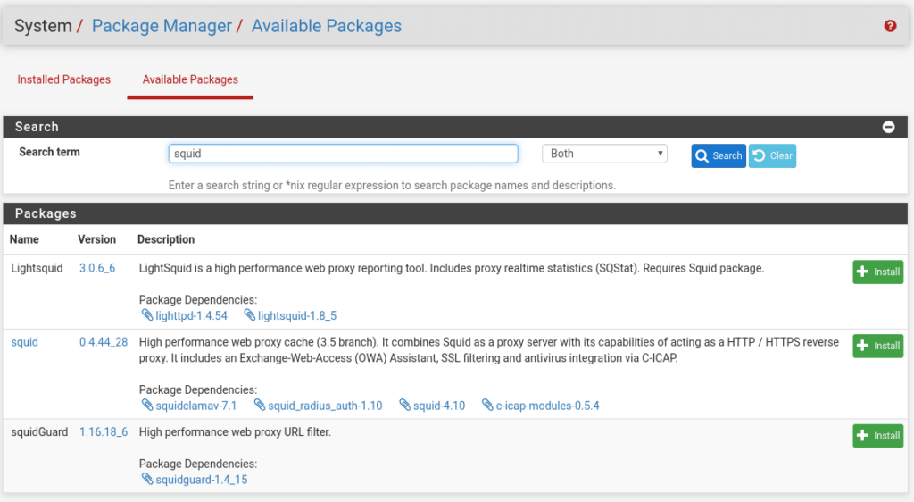 pfsense available packages