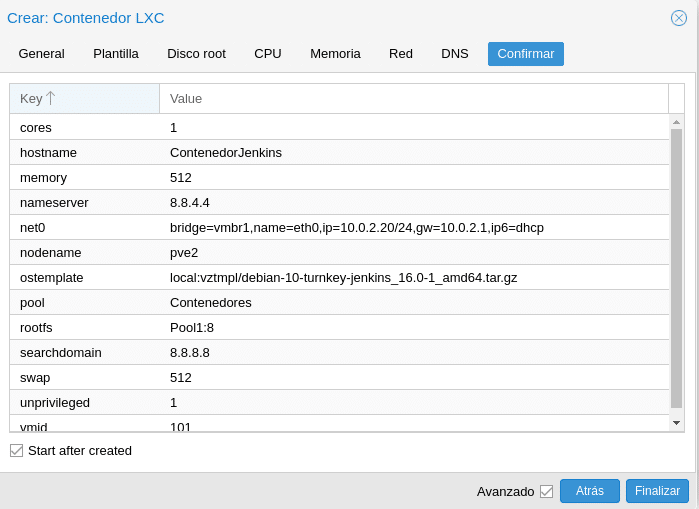 Proxmox confirmar creacion contenedor LXC