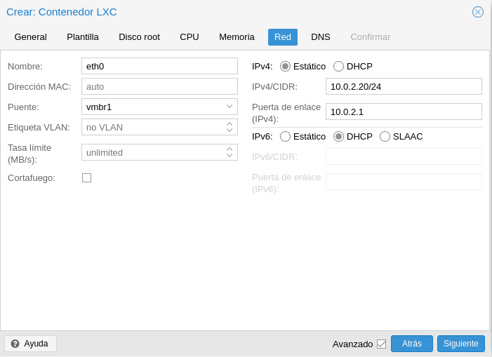 Proxmox crear contenedor LXC configuracion de red