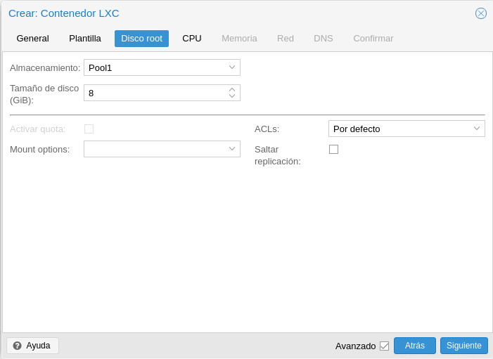 Proxmox crear contenedor LXC configuracion disco duro