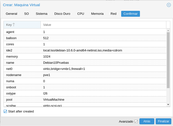 proxmox confirmar creacion maquina virtual