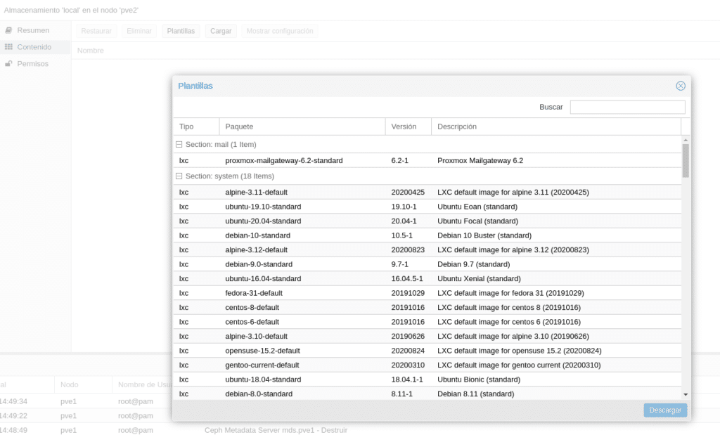 proxmox plantillas lxc