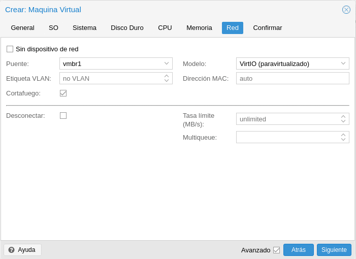 proxmox crear maquina virtual configuracion de red