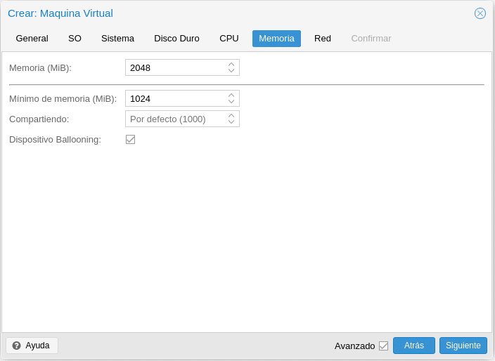 proxmox crear maquina virtual configuracion memoria