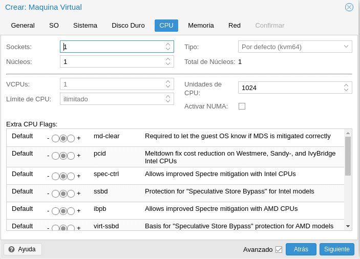 proxmox crear maquina virtual configuracion cpu