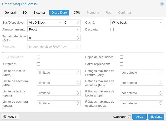 proxmox crear maquina virtual configuracion de disco duro