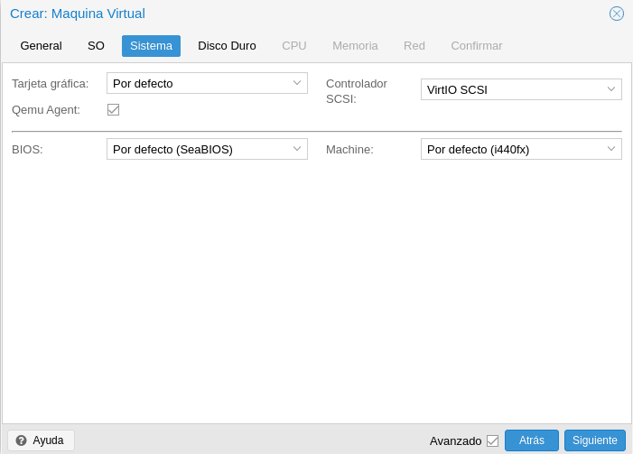 Proxmox crear maquina virtual configurar sistema