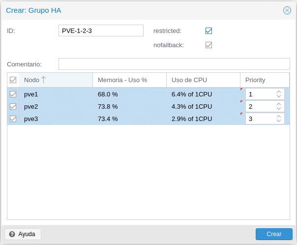 proxmox crear grupo ha