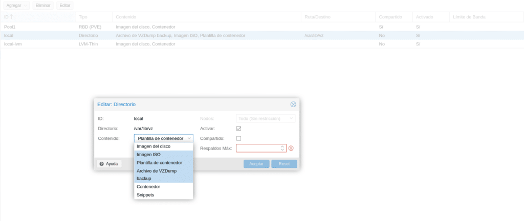 almacenamiento proxmox tipos de contenidos