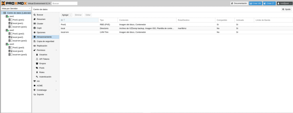 proxmox vista del almacenamiento de ceph