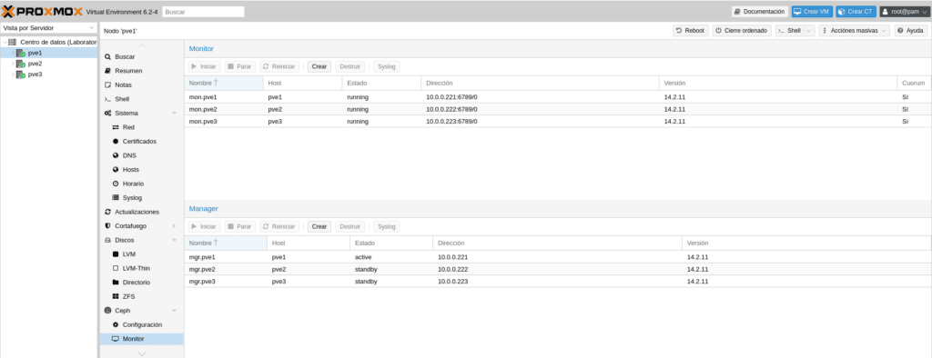 proxmox dashboard ceph monitores y managers