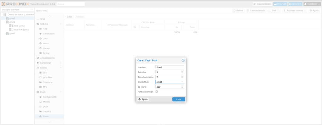 proxmox ceph crear pool