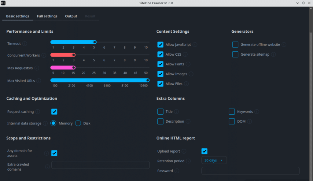 Basic Settings SiteOne Crawler