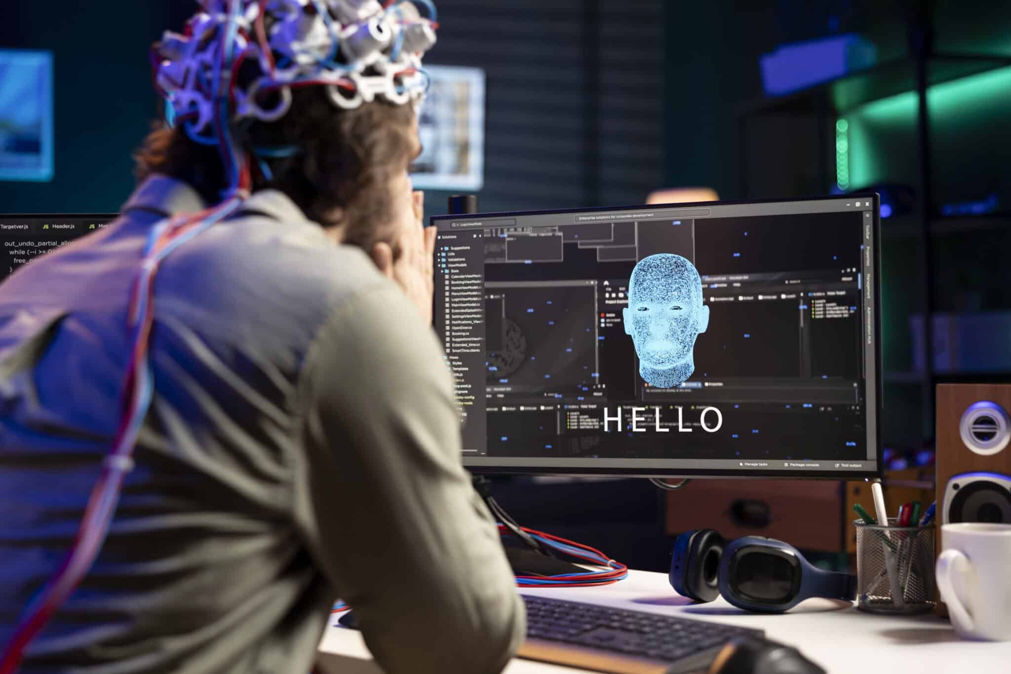 IT Professional Using EEG Headset To Communicate With Artificial Intelligence