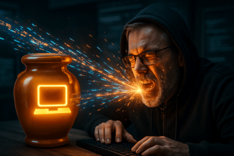 humano luchando contra un bote de miel con una computadora